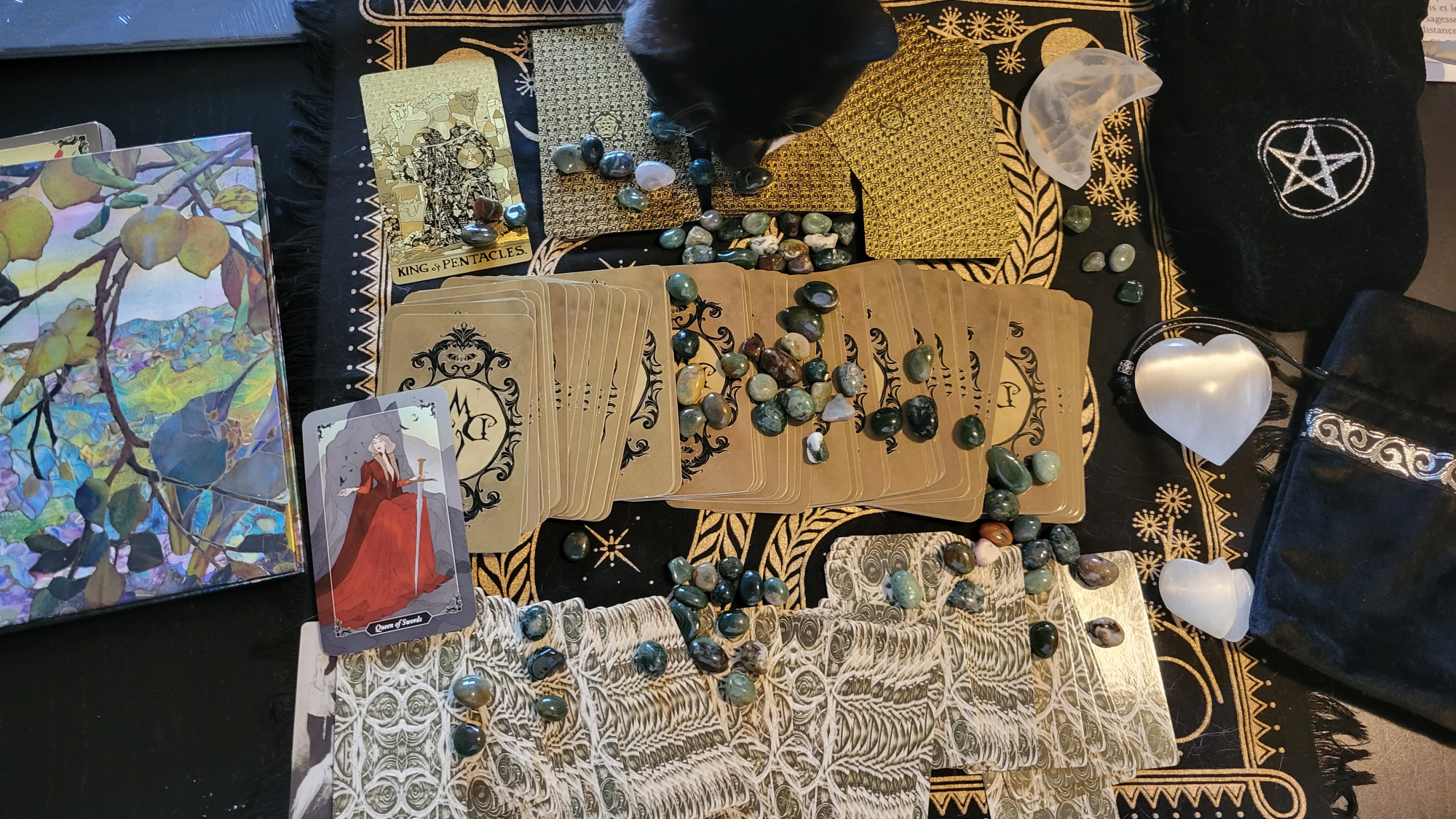 Tarot cards laid on a table.